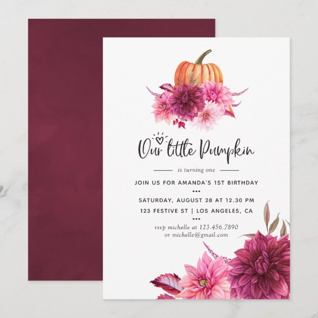 Burgundy and Blush Autumn Fall Pumpkin Birthday Invitation (Front/Back)