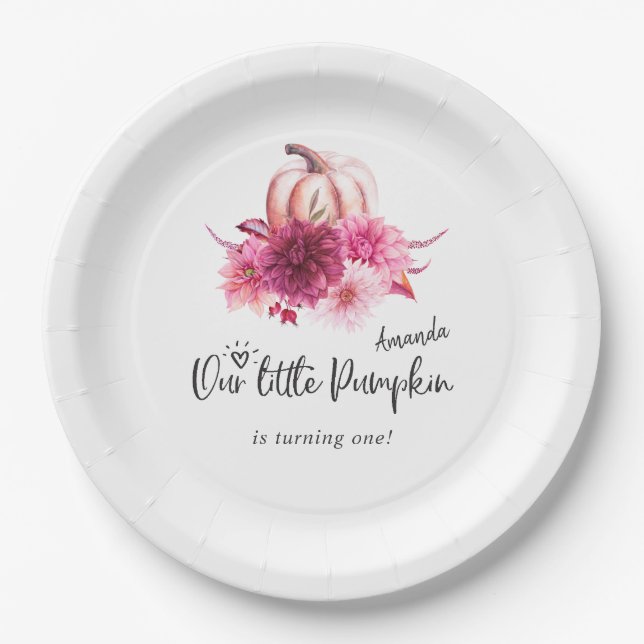 Burgundy and Blush Autumn Fall Pumpkin Birthday Paper Plate (Front)