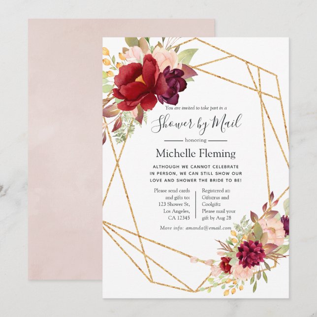 Burgundy and Blush Baby or Bridal Shower by Mail Invitation (Front/Back)