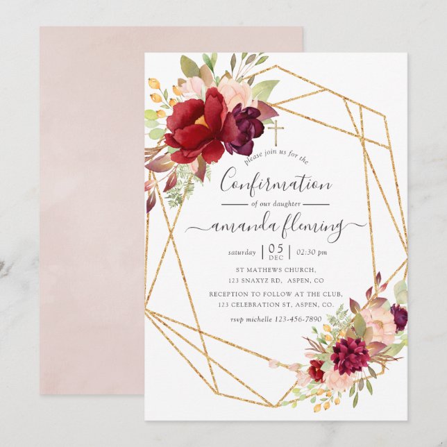Burgundy and Blush Boho Geometric Confirmation Invitation (Front/Back)