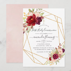Burgundy and Blush Boho Geometric Holy Communion Invitation