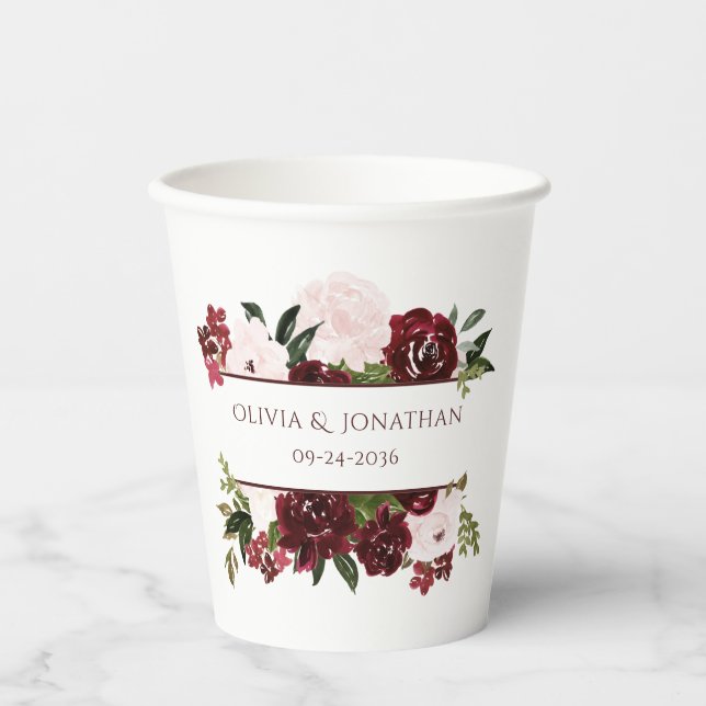 Burgundy and Blush Floral Boho Wedding Paper Cups (Front)