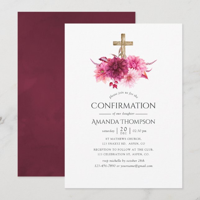 Burgundy and Blush Floral Confirmation Invitation (Front/Back)