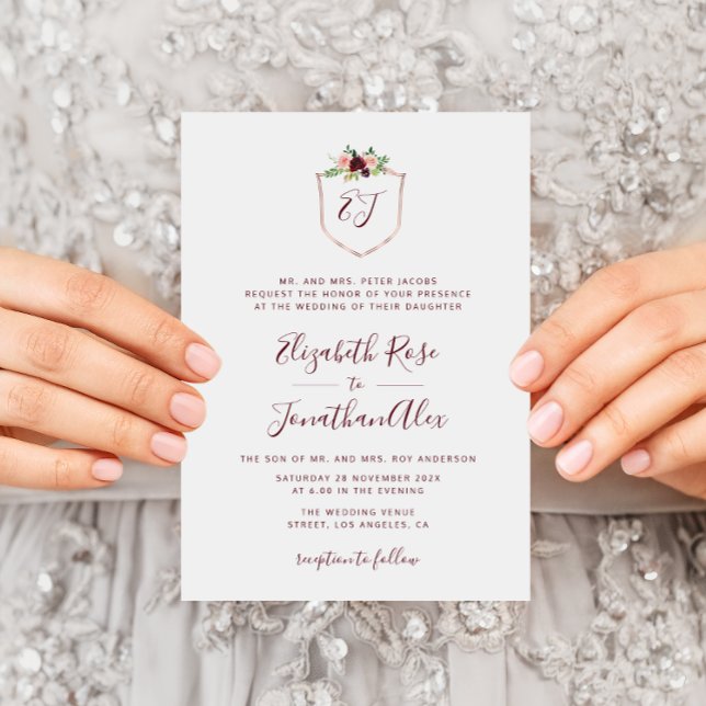 burgundy and blush floral crest wedding invitation (Creator Uploaded)