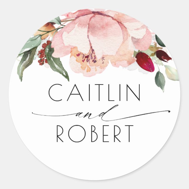 Burgundy and Blush Floral Fall Rustic Classic Round Sticker (Front)