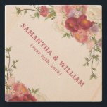 Burgundy and Blush Floral Peony Wedding Stone Coaster<br><div class="desc">Add a touch of vintage romance to your wedding tables with this beautiful natural sandstone coaster. The design features a stunning bouquet of burgundy peonies, blush roses, and delicate greenery set against a warm, textured background. Personalized with the couple's names and wedding date in elegant typography, it serves as both...</div>