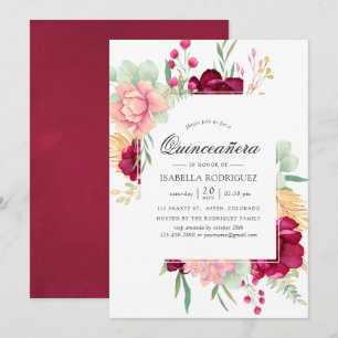 Burgundy and Blush Floral Quinceañera Invitation