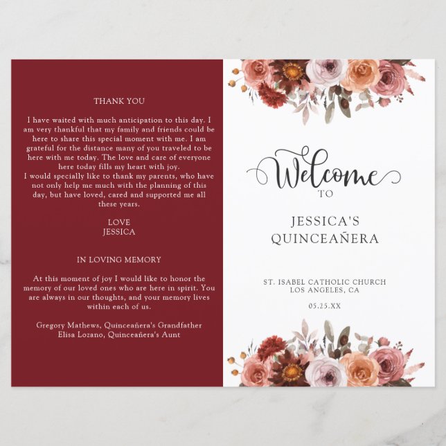 Burgundy and Blush  Floral Quinceanera Program (Front)