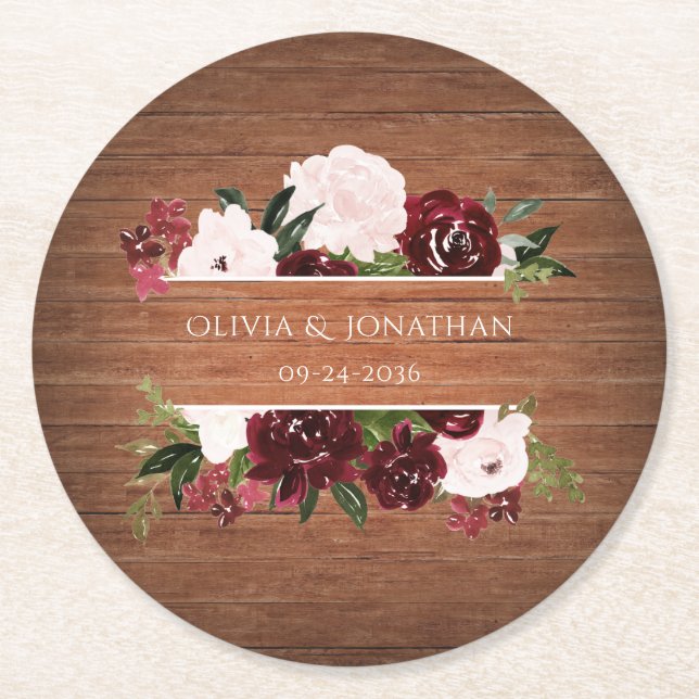 Burgundy and Blush Floral Rustic Wedding Round Paper Coaster (Front)