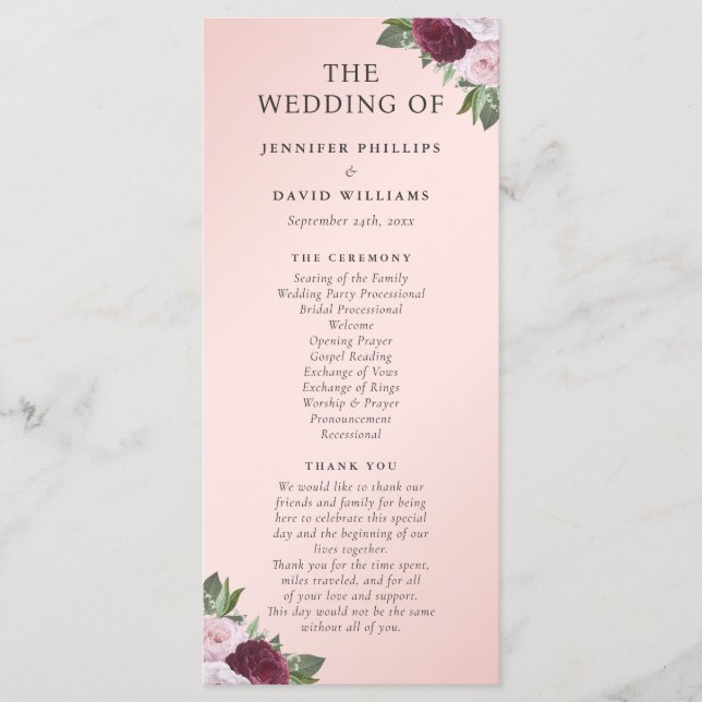 Burgundy and Blush Floral Wedding Program (Front)