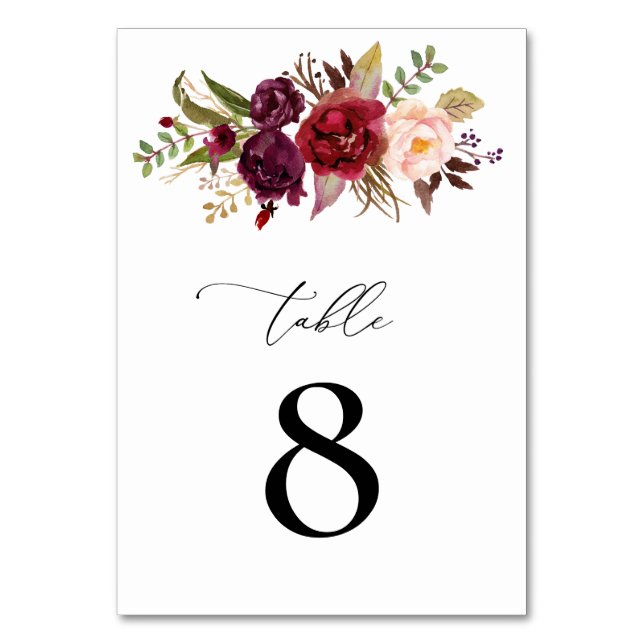 Burgundy And Blush Floral Wedding table number (Front)