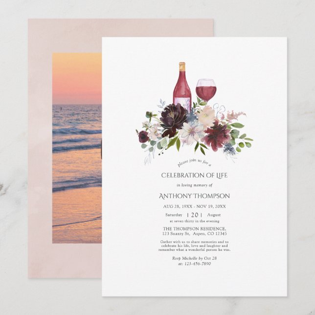 Burgundy and Blush Floral Wine Celebration of Life Invitation (Front/Back)