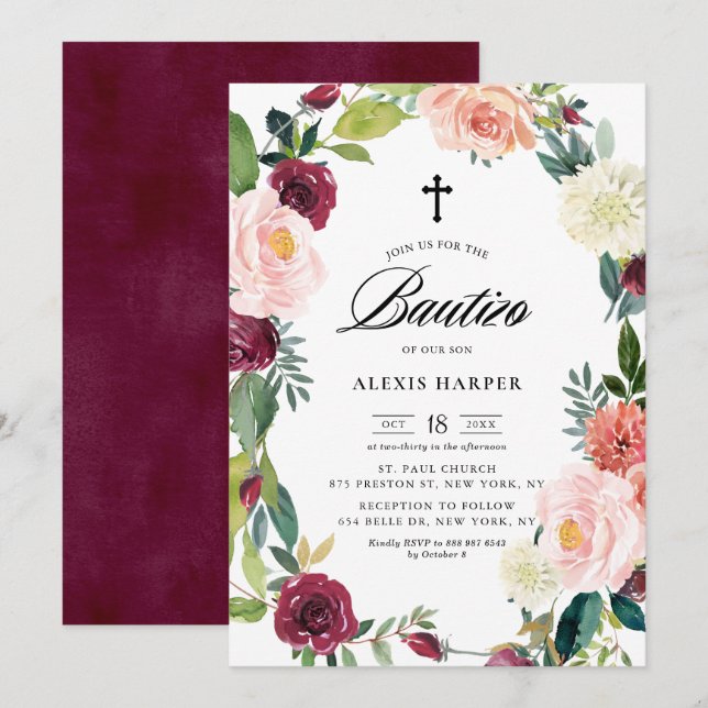 Burgundy and Blush Floral Wreath Fall Bautizo Invitation (Front/Back)