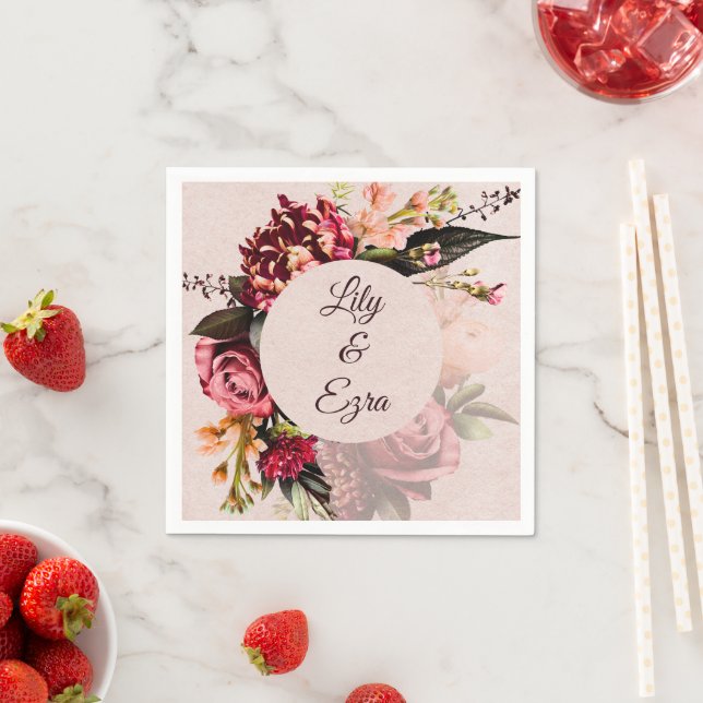 Burgundy and Blush Florals Custom Fall Wedding  Napkin (Insitu)