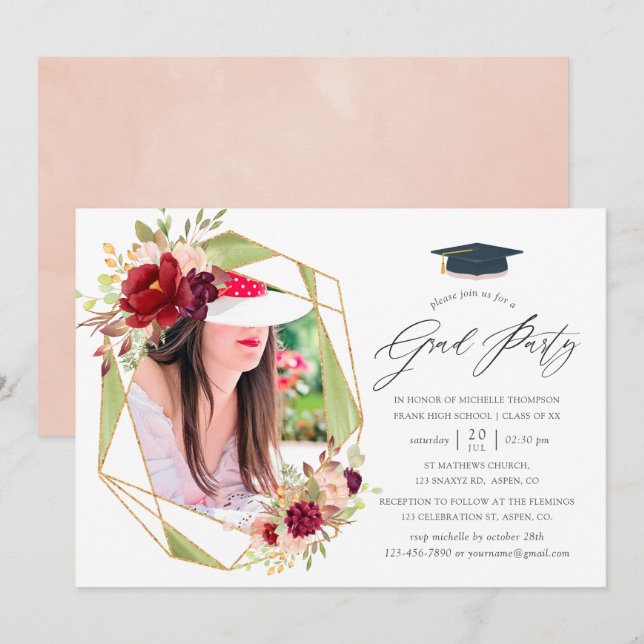 Burgundy and Blush Geometric Graduation Party Invitation (Front/Back)