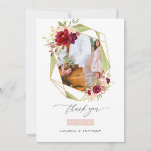 Burgundy and Blush Geometric Wedding Photo Thank You Card