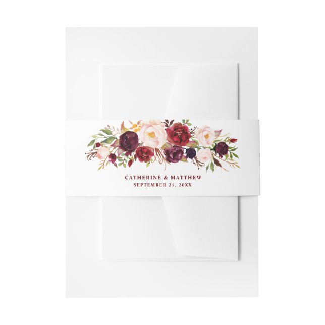 Burgundy and Blush Pink Elegant Floral Wedding Invitation Belly Band (Front Example)