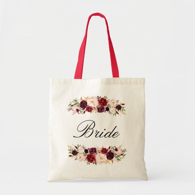 burgundy and blush pink floral bride tote bag (Front)