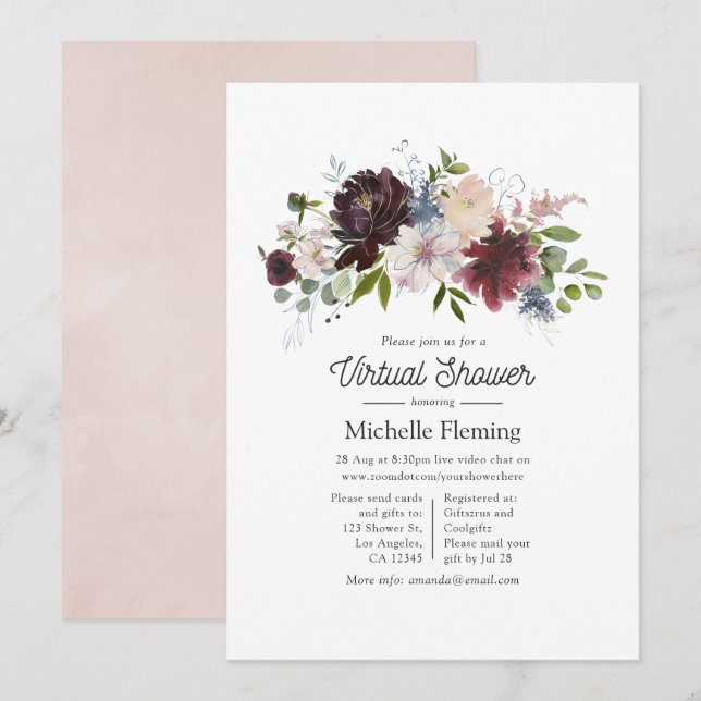 Burgundy and Blush Pink Floral Virtual Baby Shower Invitation (Front/Back)