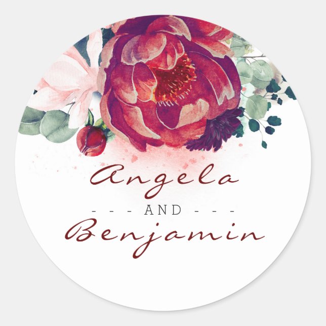 Burgundy and Blush Pink Floral Wedding Classic Round Sticker (Front)
