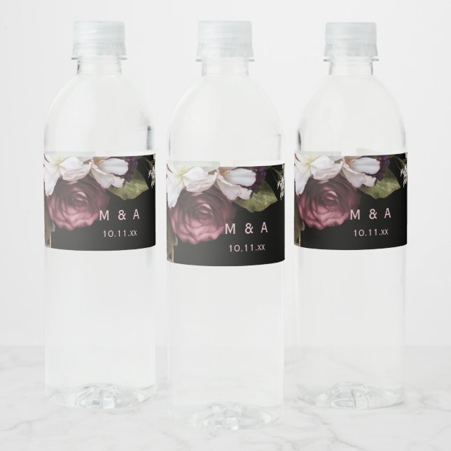 Burgundy and Blush Pink Florals on Black Wedding Water Bottle Label (Bottles)