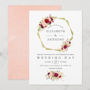 Burgundy and Blush Pink Geometric Floral Wedding Invitation