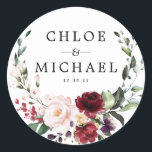 Burgundy and Blush Pink Personalized Wedding Classic Round Sticker<br><div class="desc">Elegant half-wreath creates a beautiful wedding sticker. The burgundy red and blush pink roses complement each other perfectly. Modern colour combination for an autumn or winter wedding. The airy botanical foliage gives it a hip and trendy vibe. Easy to customize with your own information. Use it on wedding invitation envelopes,...</div>