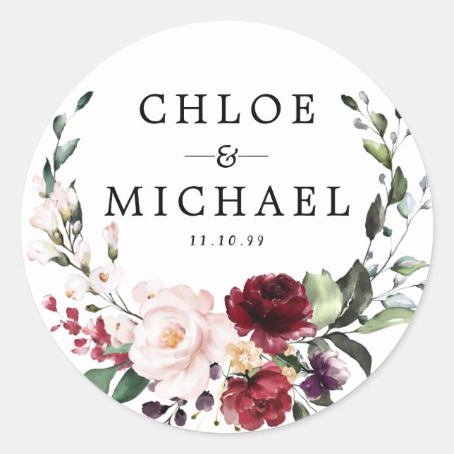 Burgundy and Blush Pink Personalized Wedding Classic Round Sticker (Front)