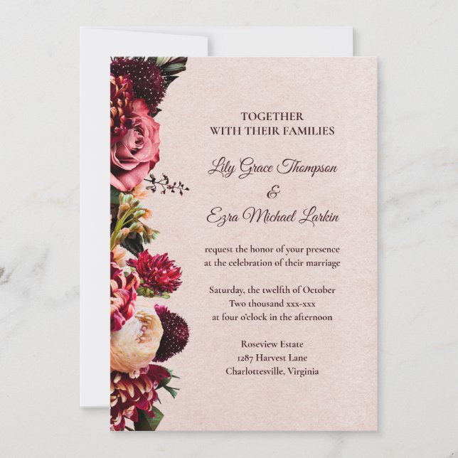 Burgundy and Blush Rose Floral Wedding Invitation (Front)
