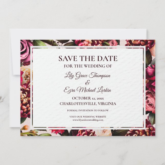 Burgundy and Blush Rose Save The Date (Back)