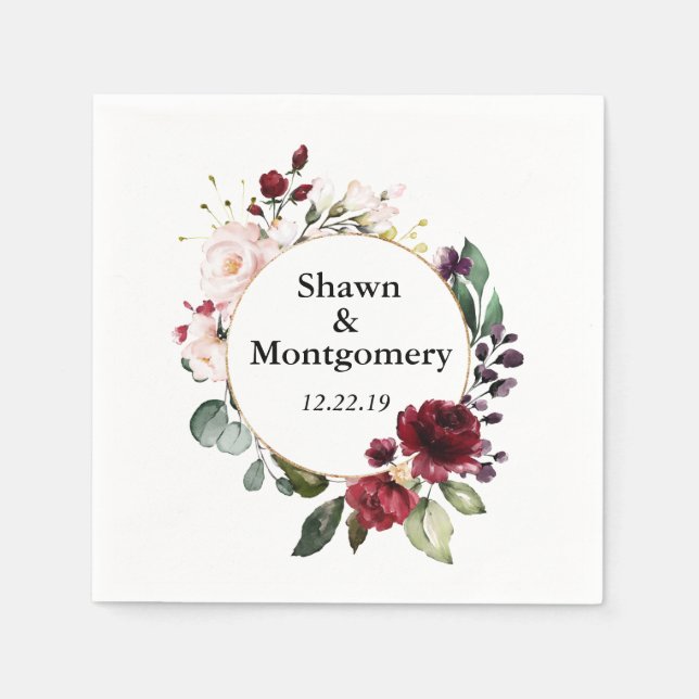 Burgundy and Blush Rose Wedding Cocktail Napkins (Front)