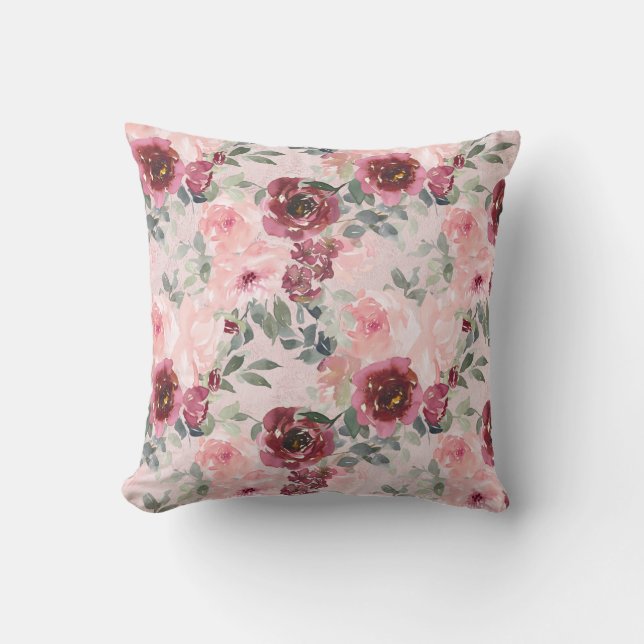 Burgundy and Blush Roses on Pink Throw Pillow (Front)