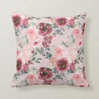 Burgundy and Blush Roses on Pink Throw Pillow