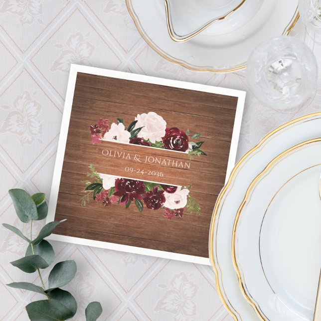 Burgundy and Blush Rustic Floral Wedding Napkin (Creator Uploaded)