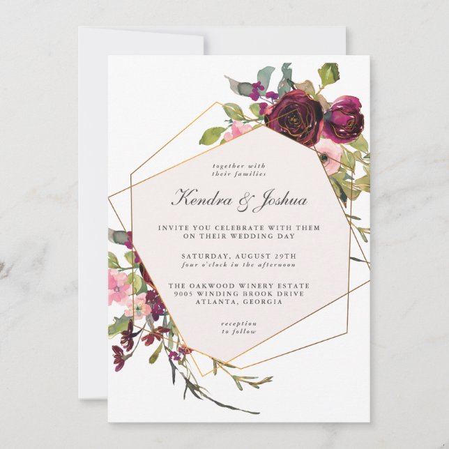 Burgundy and Blush Watercolor Boho Floral Wedding Invitation (Front)