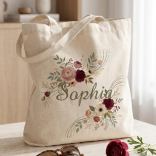 Burgundy and Blush Watercolor Floral Personalized  Tote Bag