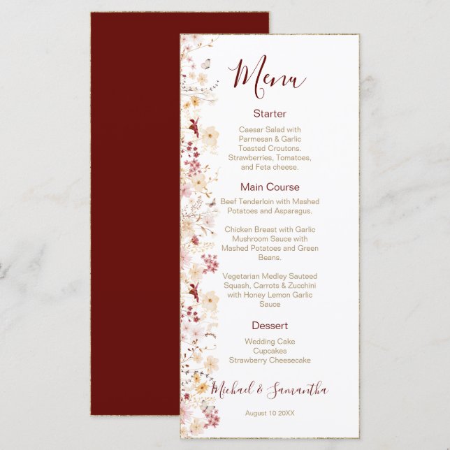 Burgundy and Blush Wildflower Wedding Menu (Front/Back)