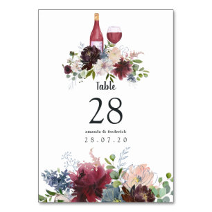 Burgundy and Blush Wine Tasting Wedding Table Number