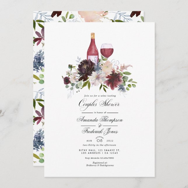 Burgundy and Blush Wine themed Couples Shower Invitation (Front/Back)