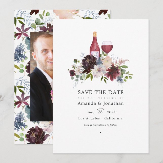 Burgundy and Blush Wine themed Wedding Save The Date (Front/Back)