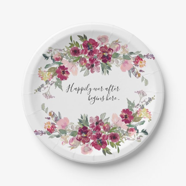 Burgundy and blush with quote Wedding Paper Plate (Front)