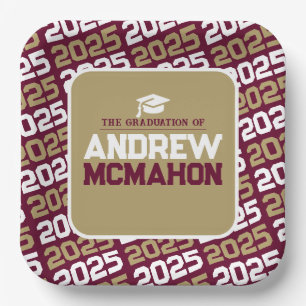 Burgundy and Bronze Gold Personalized Graduation Paper Plate