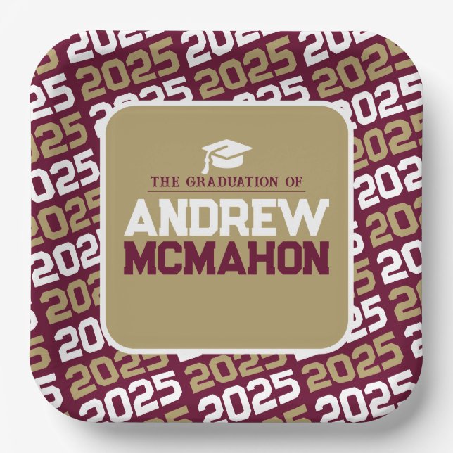 Burgundy and Bronze Gold Personalized Graduation Paper Plate (Front)