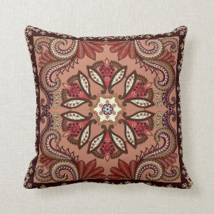 Burgundy and Brown Paisley Pattern Throw Pillow