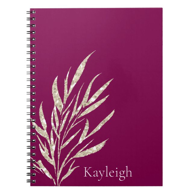 Burgundy and Champagne Gold Glitter Leaves Notebook (Front)