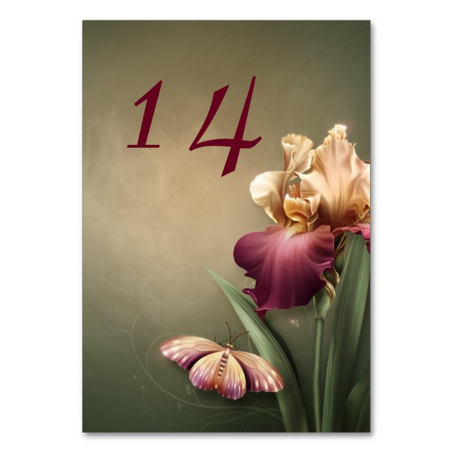 Burgundy and Cream Iris Wedding Table Number Card (Front)