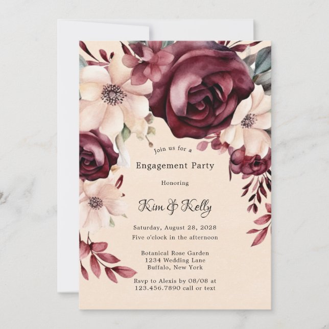 Burgundy and Cream Roses Engagement Party Invitation (Front)