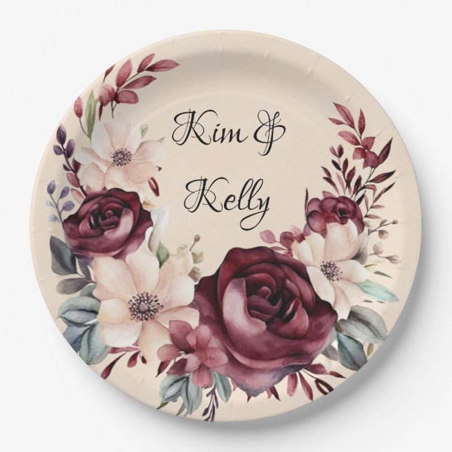 Burgundy and Cream Watercolor Roses Wedding Paper Plate (Front)