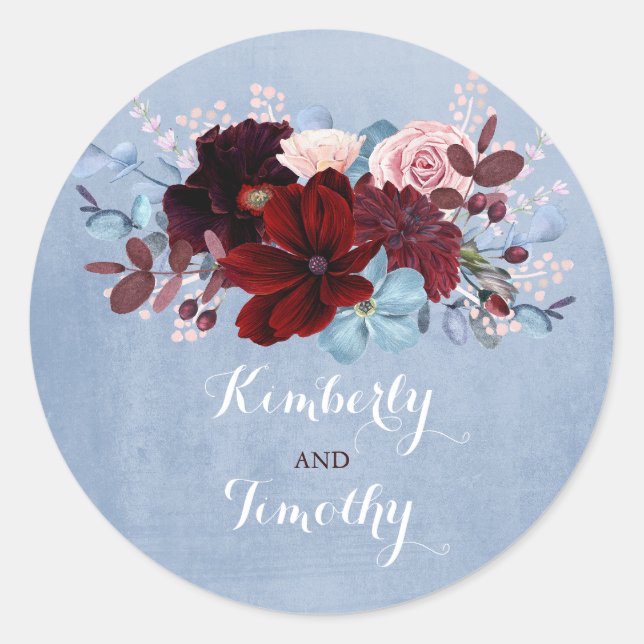 Burgundy and Dusty Blue Classic Round Sticker (Front)