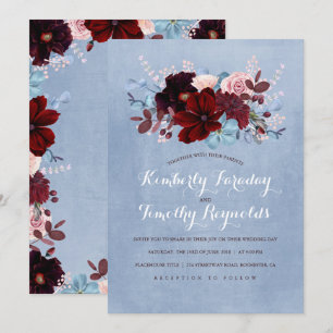 Burgundy and Dusty Blue Floral Elegant Wedding Invitation